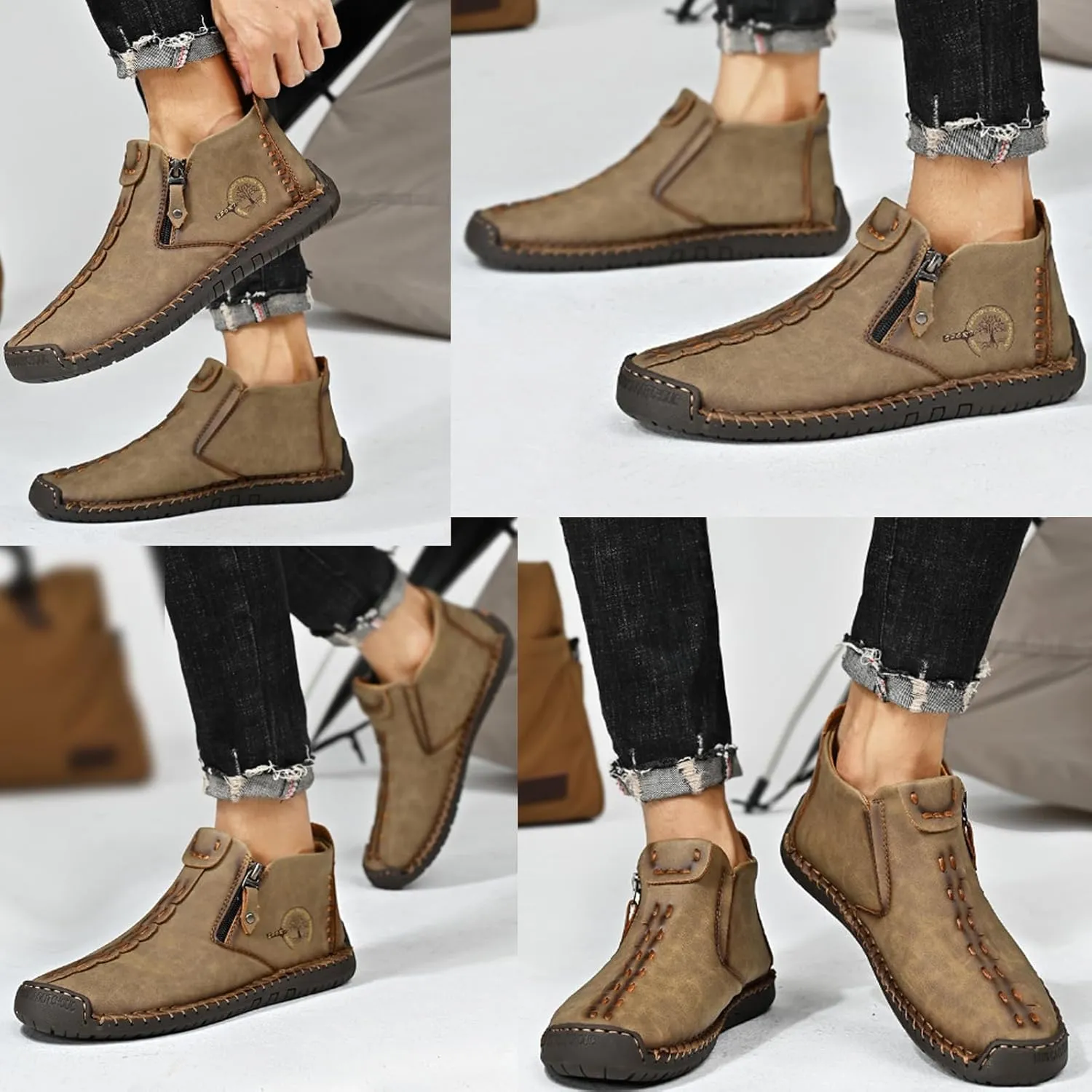 Mens Loafers Slip On Casual Shoes Leather Flat Penny Loafers Outdoor Lightweight Breathable Walking Driving Shoes Comfort Classic Hand Stitching Anti Slip Round Toe Shoes
