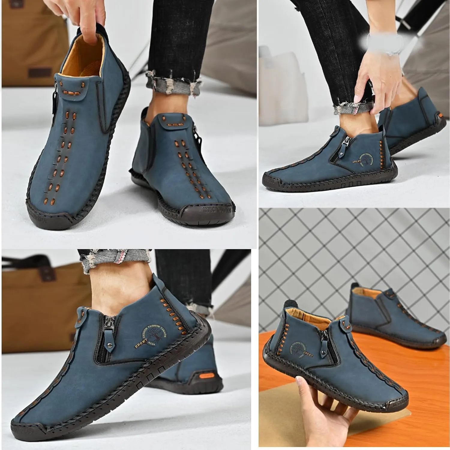 Mens Loafers Slip On Casual Shoes Leather Flat Penny Loafers Outdoor Lightweight Breathable Walking Driving Shoes Comfort Classic Hand Stitching Anti Slip Round Toe Shoes