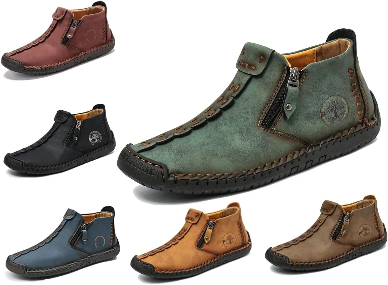 Mens Loafers Slip On Casual Shoes Leather Flat Penny Loafers Outdoor Lightweight Breathable Walking Driving Shoes Comfort Classic Hand Stitching Anti Slip Round Toe Shoes