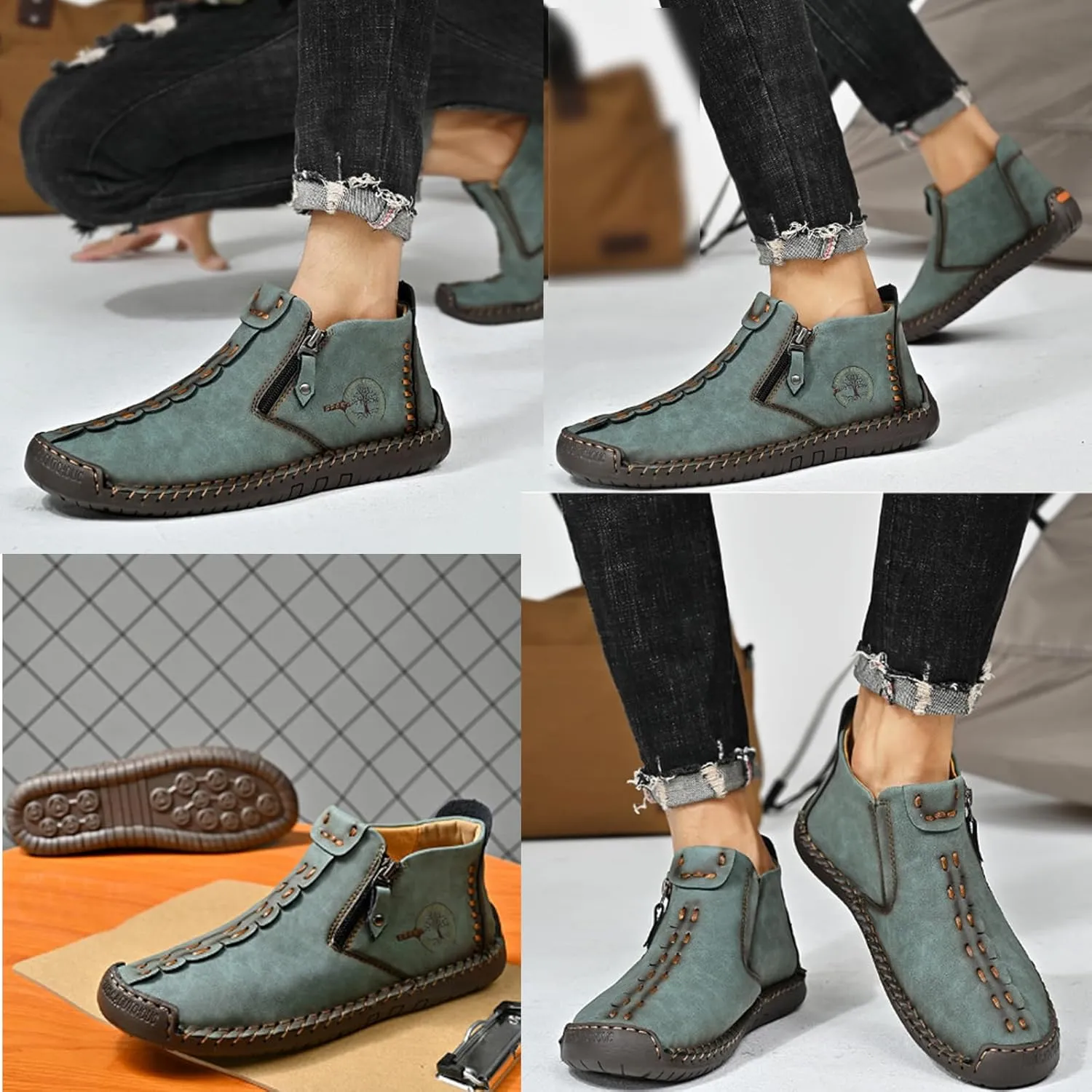 Mens Loafers Slip On Casual Shoes Leather Flat Penny Loafers Outdoor Lightweight Breathable Walking Driving Shoes Comfort Classic Hand Stitching Anti Slip Round Toe Shoes