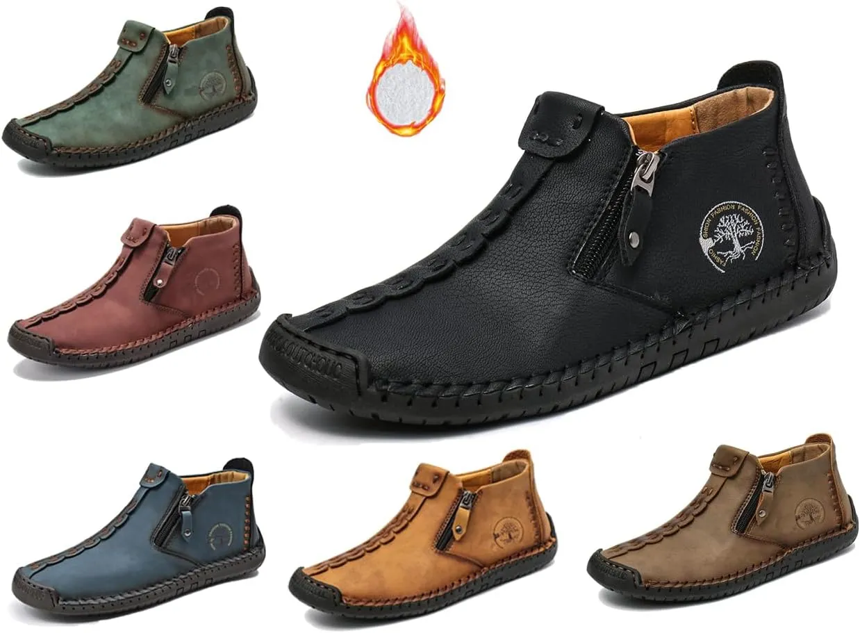 Mens Loafers Slip On Casual Shoes Leather Flat Penny Loafers Outdoor Lightweight Breathable Walking Driving Shoes Comfort Classic Hand Stitching Anti Slip Round Toe Shoes