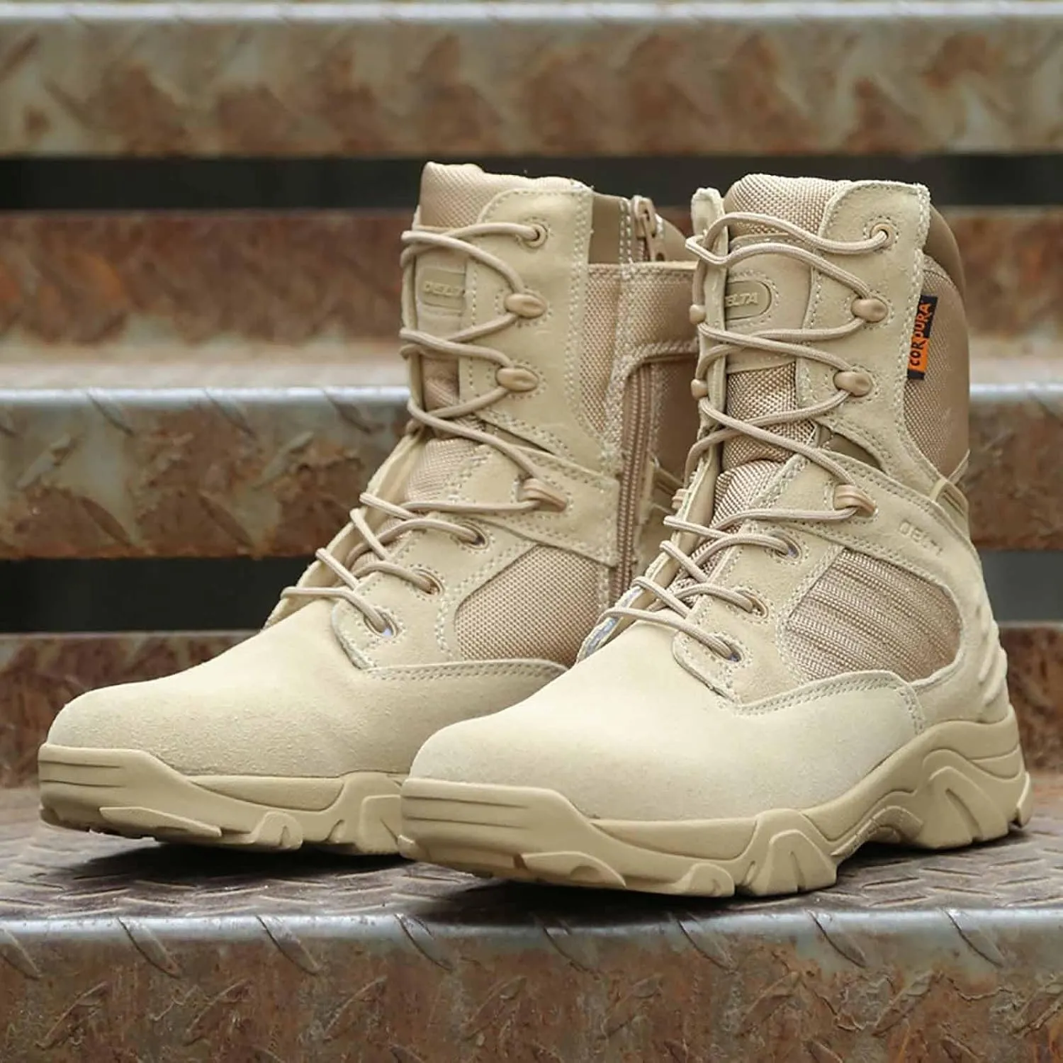 Men's Military Tactical Boots with Side Zipper, Breathable Military Combat Desert Boots Leather Motorcycle Combat Boots Non-Slip Hiking Boots for Men