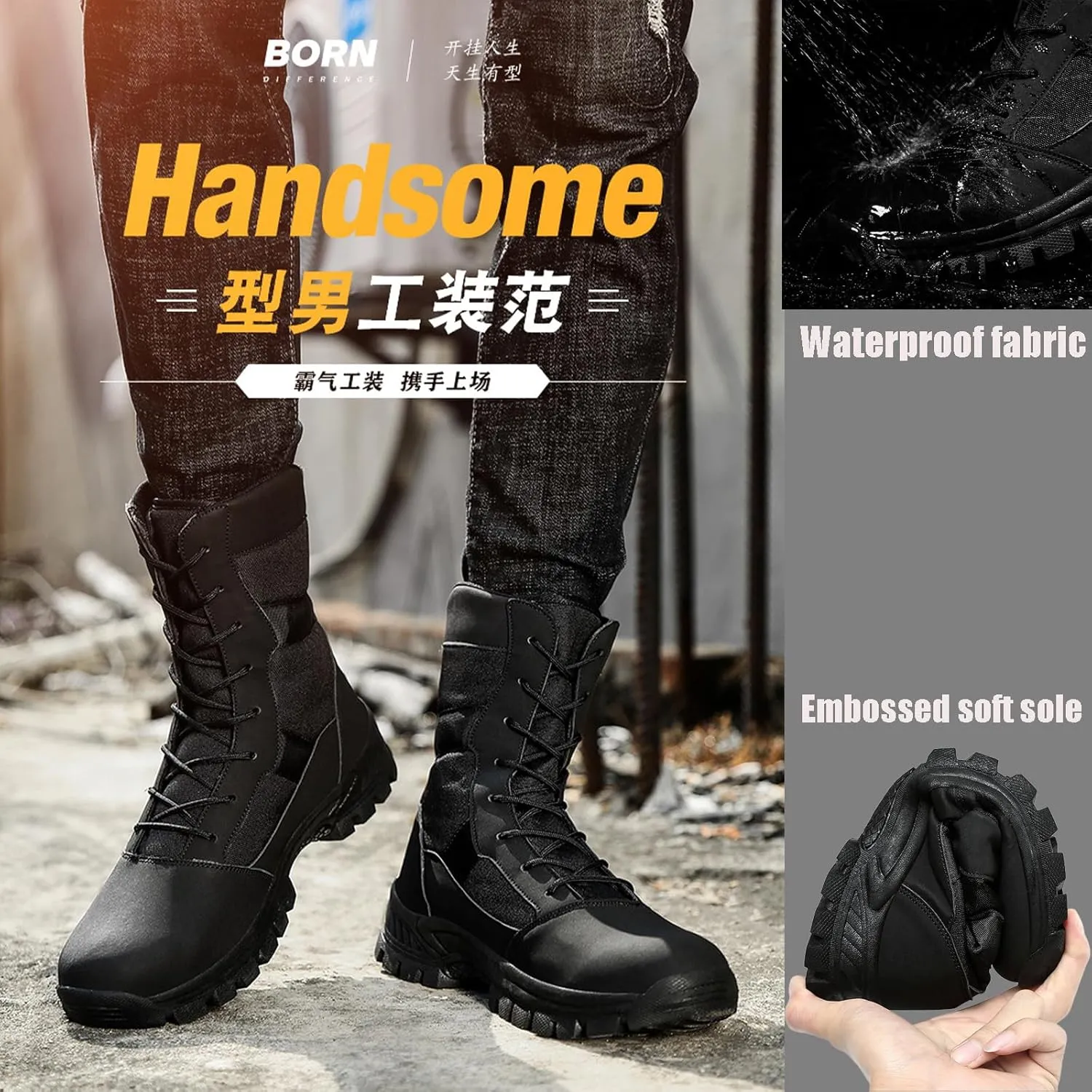 Men's Oxford cloth water proof Platform Tactical Boots Comfy Round Toe Lace Up lug sole Motorcycle Boots Outdoor Non-Slip Soft Bottom Hiking Boots