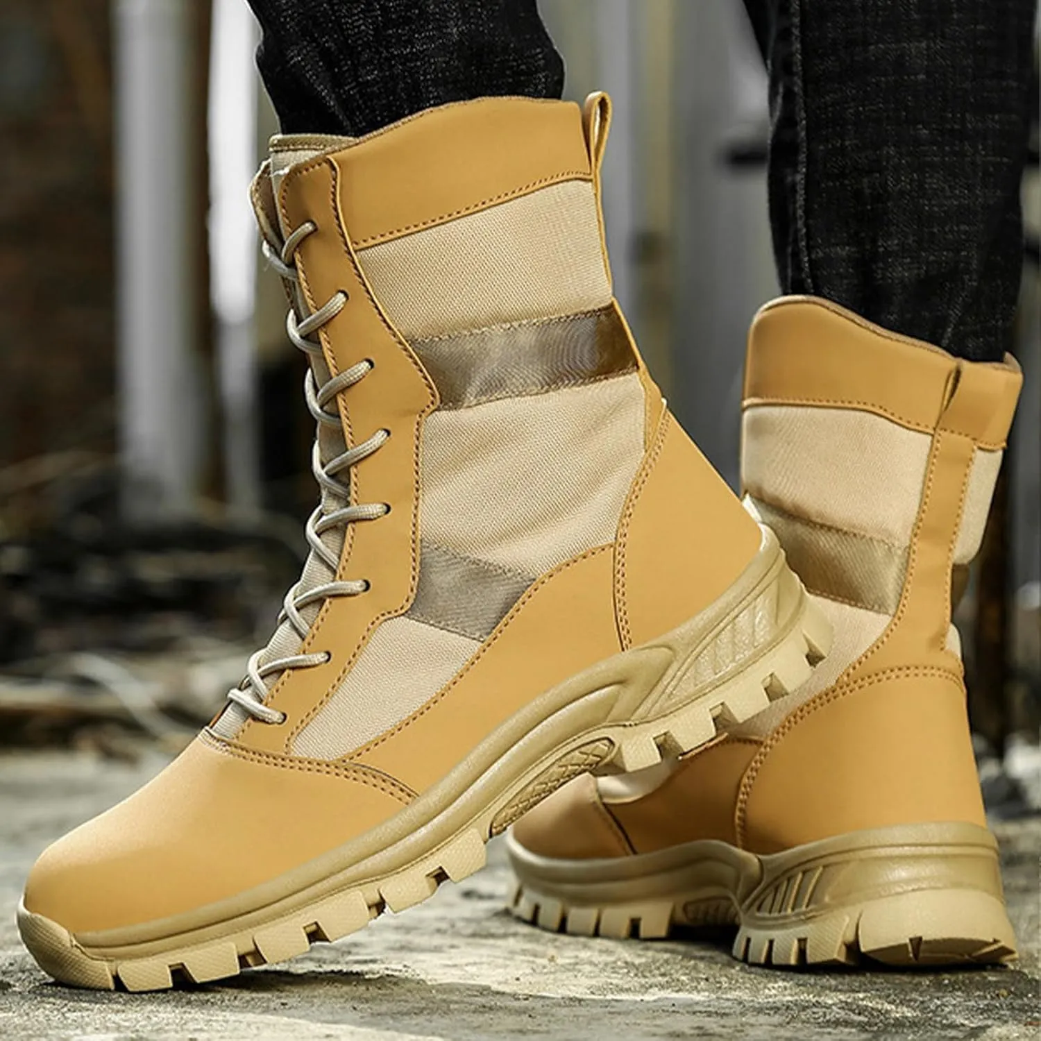 Men's Oxford cloth water proof Platform Tactical Boots Comfy Round Toe Lace Up lug sole Motorcycle Boots Outdoor Non-Slip Soft Bottom Hiking Boots