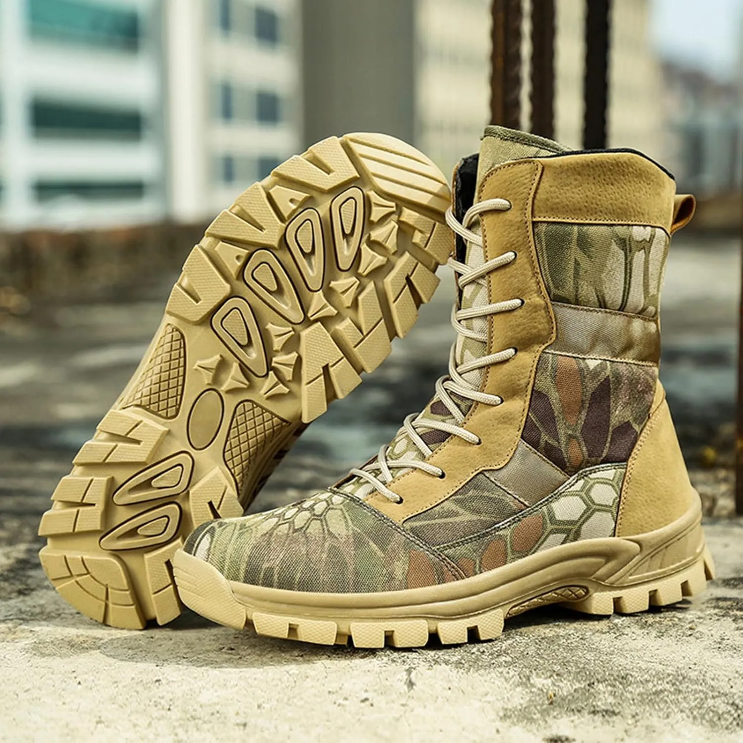 Men's Oxford cloth water proof Platform Tactical Boots Comfy Round Toe Lace Up lug sole Motorcycle Boots Outdoor Non-Slip Soft Bottom Hiking Boots