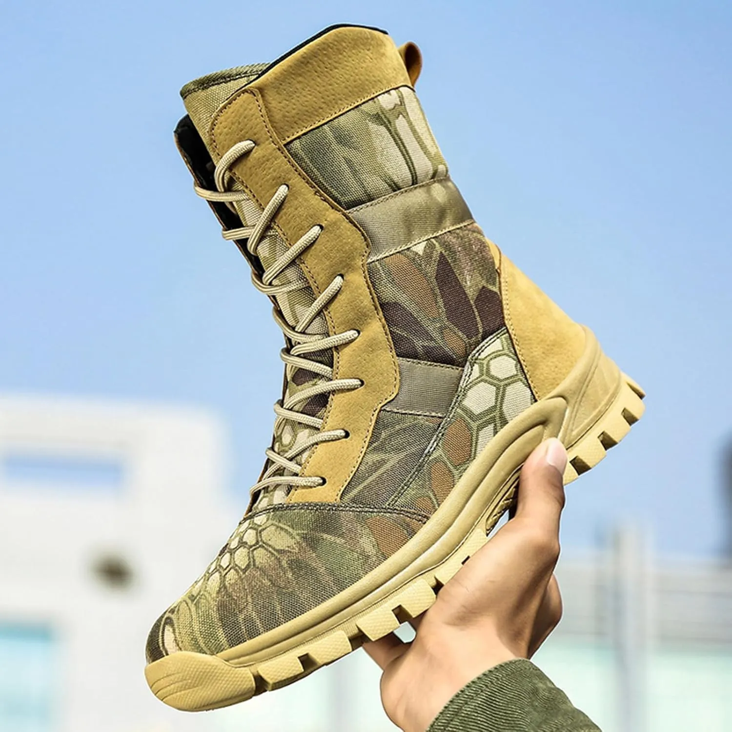 Men's Oxford cloth water proof Platform Tactical Boots Comfy Round Toe Lace Up lug sole Motorcycle Boots Outdoor Non-Slip Soft Bottom Hiking Boots