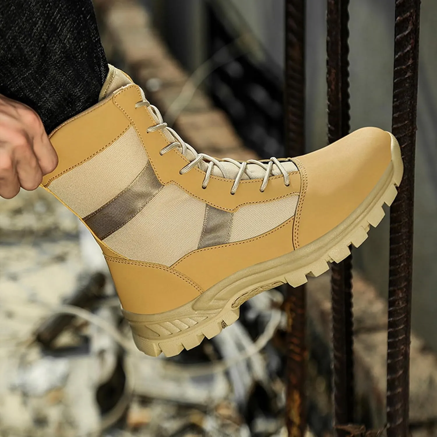 Men's Oxford cloth water proof Platform Tactical Boots Comfy Round Toe Lace Up lug sole Motorcycle Boots Outdoor Non-Slip Soft Bottom Hiking Boots
