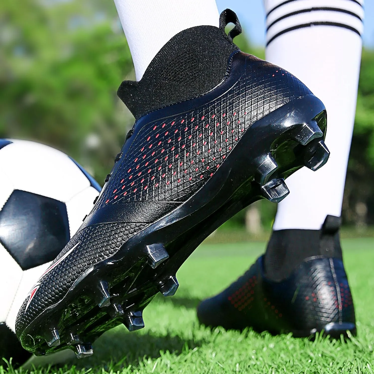 Men's Soccer Cleats High-Tops Lace-Up Non-Slip Football Cleats Outdoor Sports Athletic Soccer Shoes Big Boy HG Turf Boots