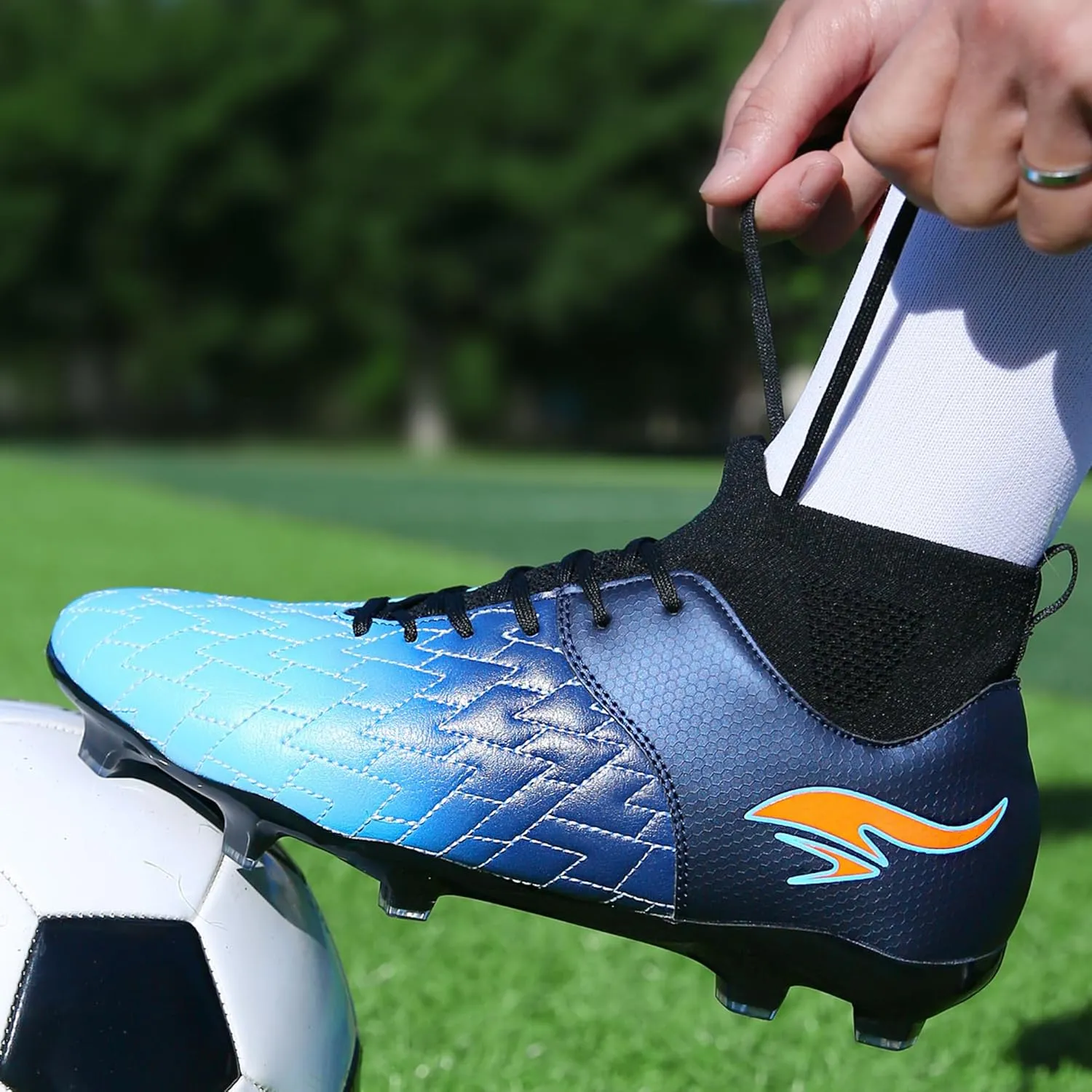 Men's Soccer Cleats High-Tops Lace-Up Non-Slip Football Cleats Outdoor Sports Athletic Soccer Shoes Big Boy HG Turf Boots