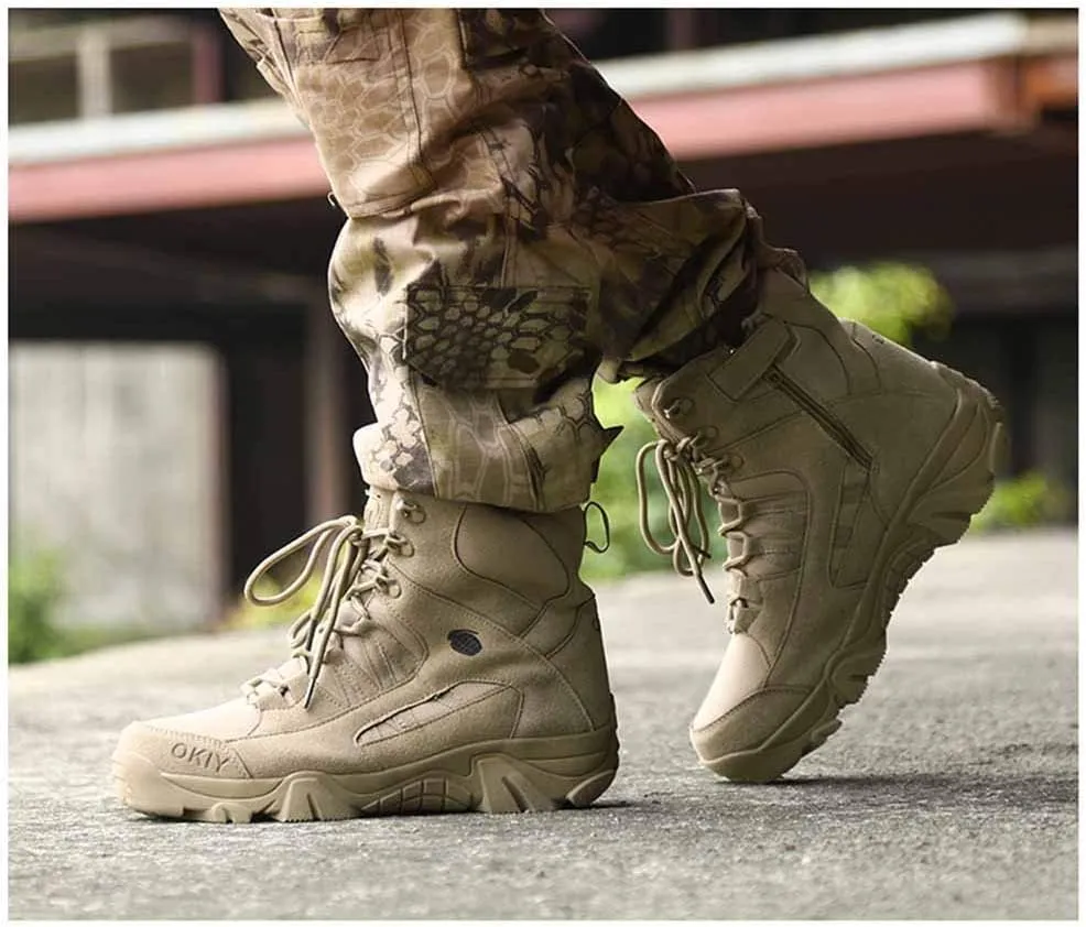Men's Tactical Ankle Boots: Side Zipper Military Work Boots, Hook & Loop Closure