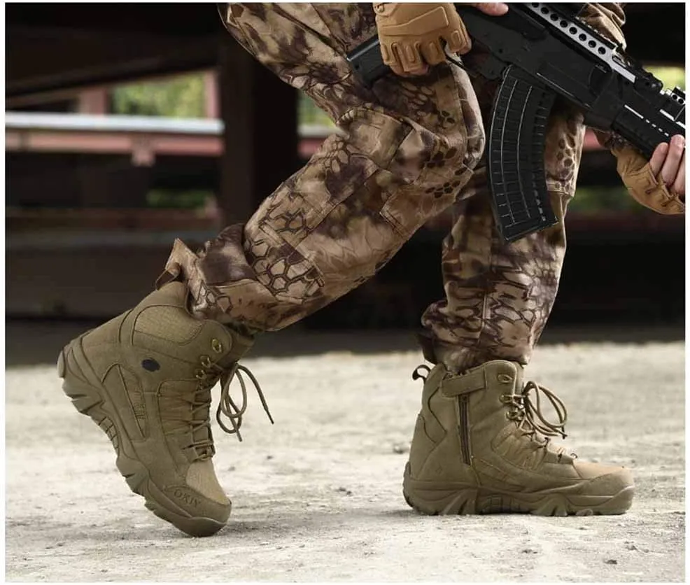 Men's Tactical Ankle Boots: Side Zipper Military Work Boots, Hook & Loop Closure