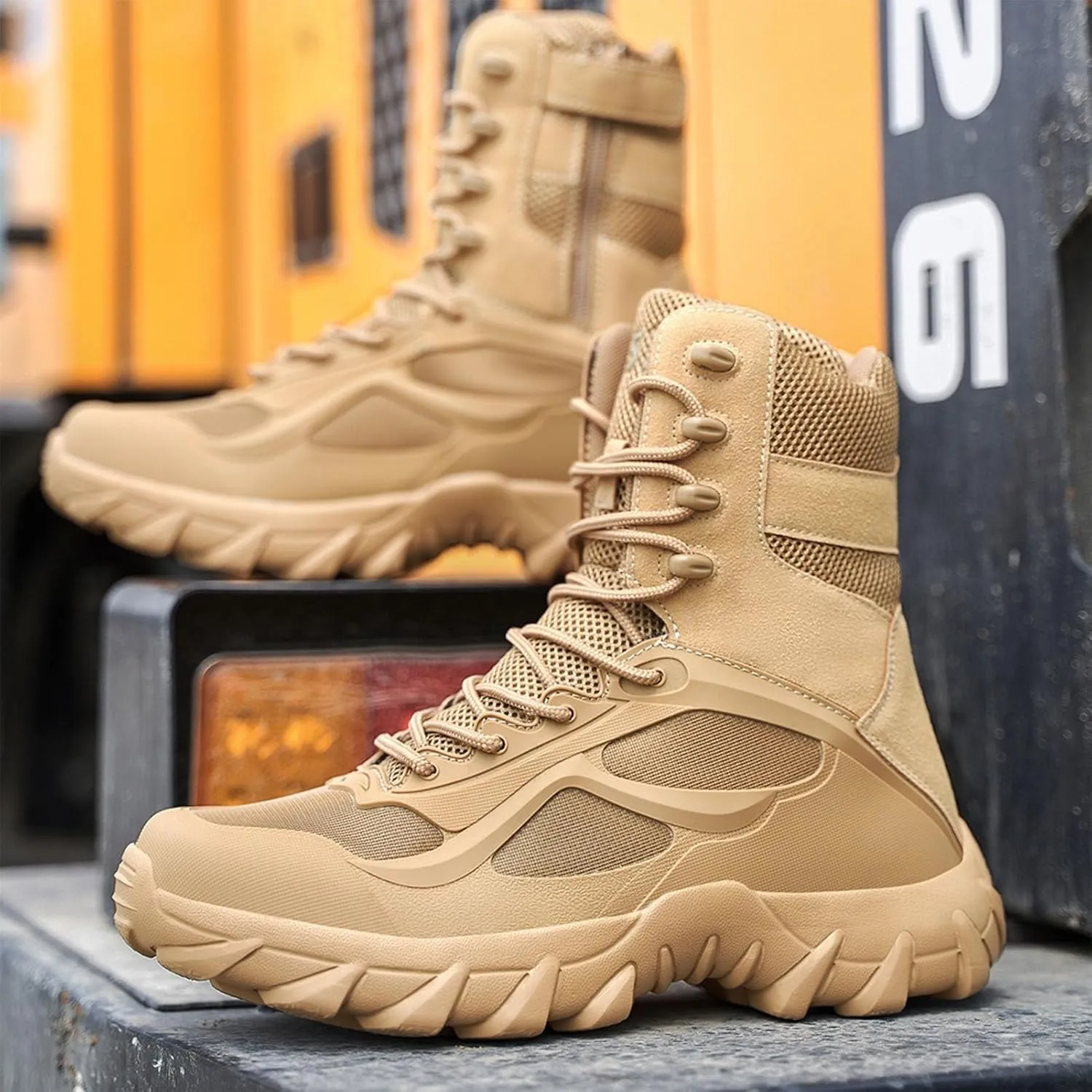 Men's Tactical Combat Boots with Side Zipper, Lightweight & Comfortable, Breathable Mesh, Waterproof, Ideal for Hiking, Hunting and Patrol