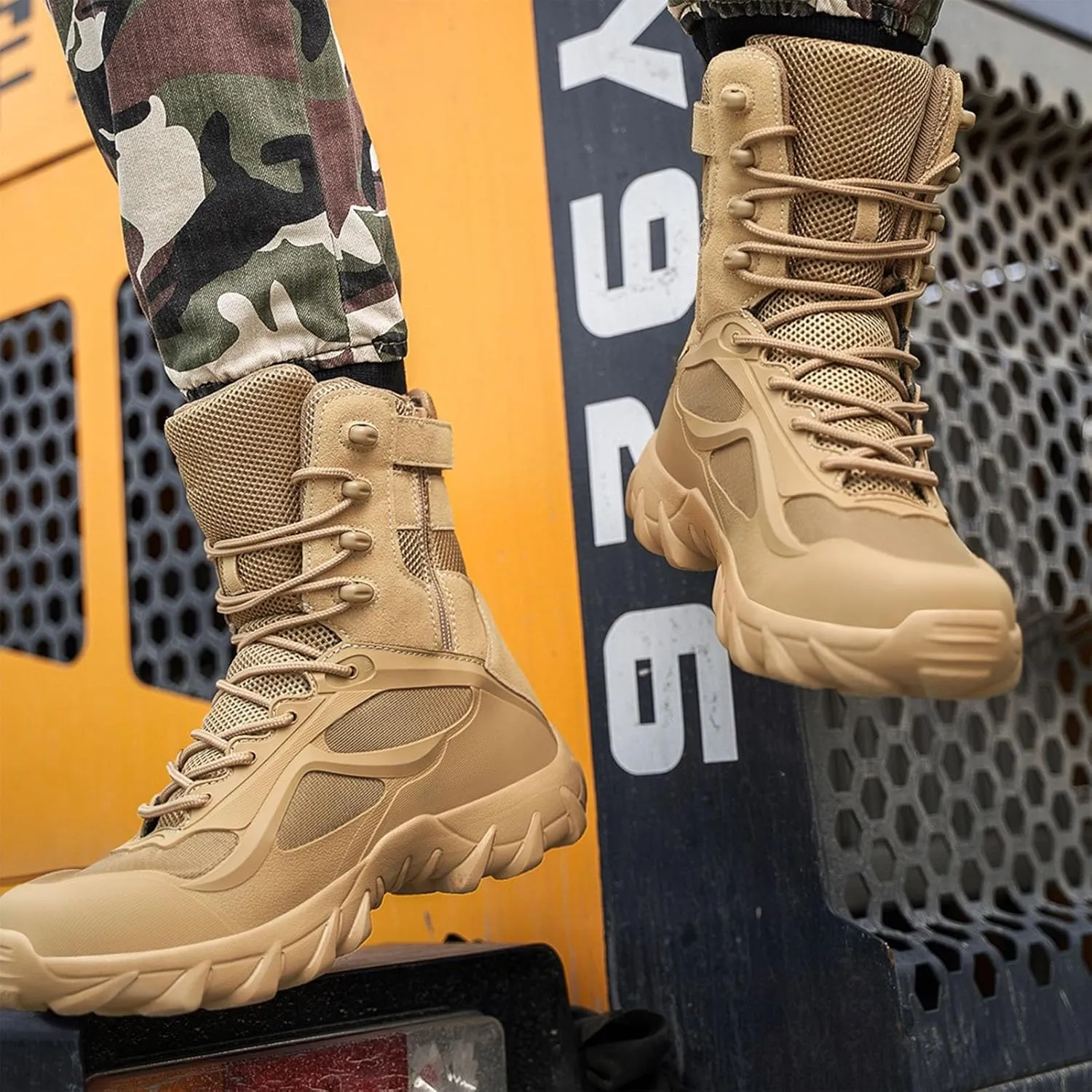Men's Tactical Combat Boots with Side Zipper, Lightweight & Comfortable, Breathable Mesh, Waterproof, Ideal for Hiking, Hunting and Patrol