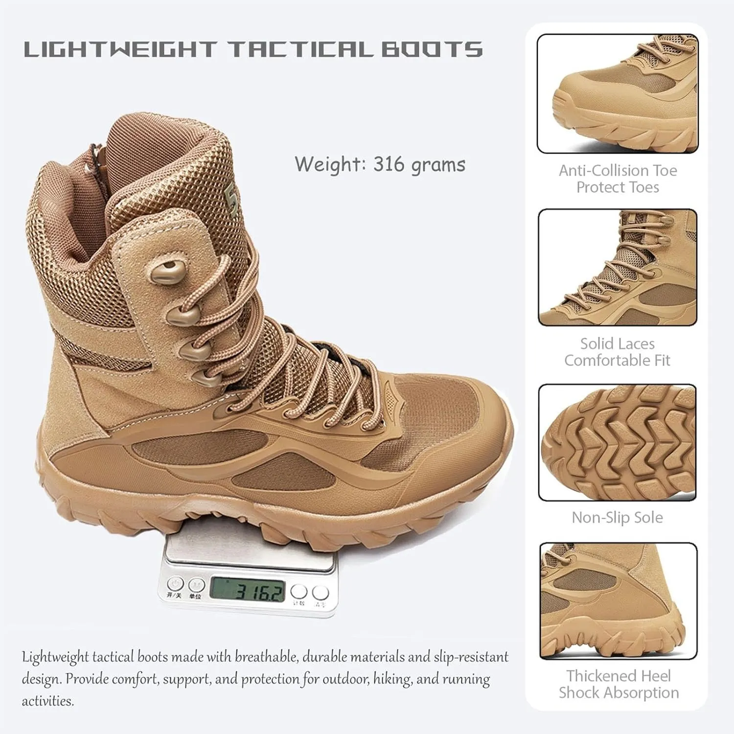 Men's Tactical Combat Boots with Side Zipper, Lightweight & Comfortable, Breathable Mesh, Waterproof, Ideal for Hiking, Hunting and Patrol