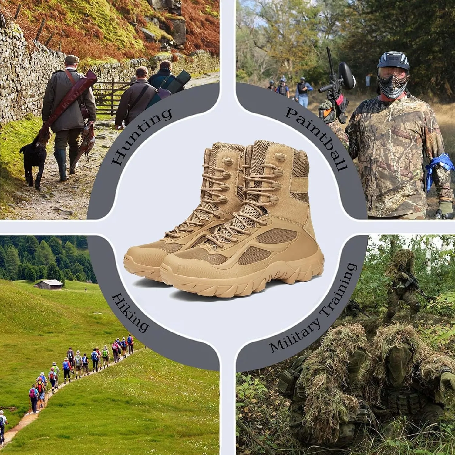 Men's Tactical Combat Boots with Side Zipper, Lightweight & Comfortable, Breathable Mesh, Waterproof, Ideal for Hiking, Hunting and Patrol