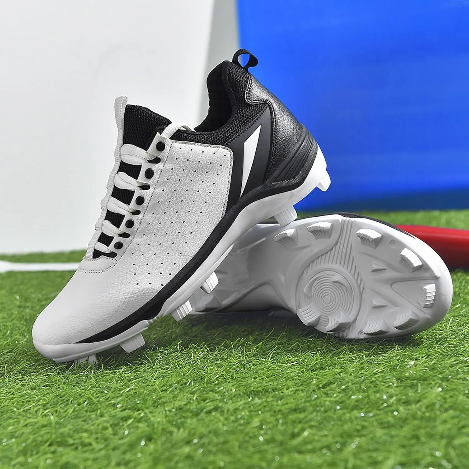 Mens Women Turf Shoes Baseball Lightweight Non-Slip Breathable With 13 Fixed Anti-skid Nail Professional Unisex Adult Softball Shoes Outdoor Trainers ( Color : White black , Size : 8 Women/6.5 Men )