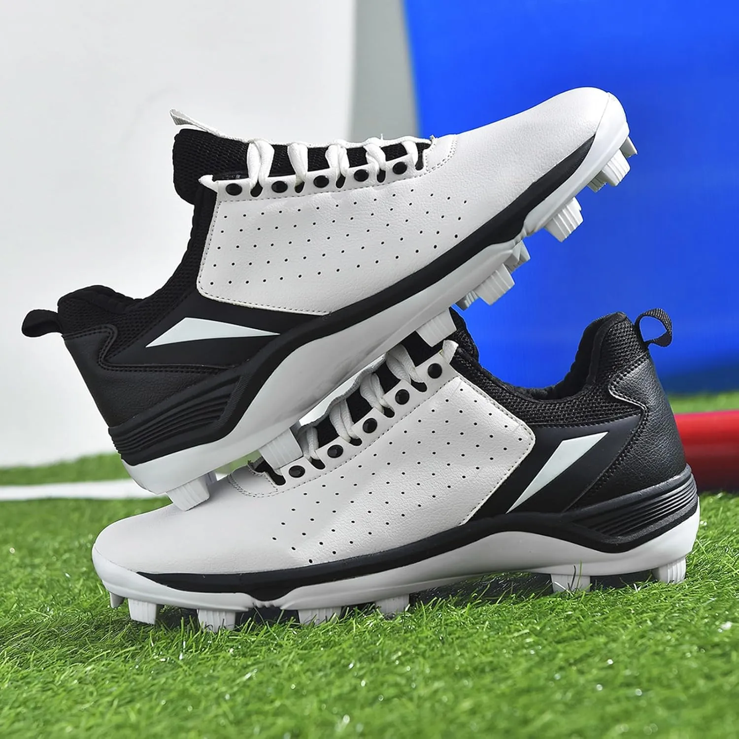 Mens Women Turf Shoes Baseball Lightweight Non-Slip Breathable With 13 Fixed Anti-skid Nail Professional Unisex Adult Softball Shoes Outdoor Trainers ( Color : White black , Size : 8 Women/6.5 Men )