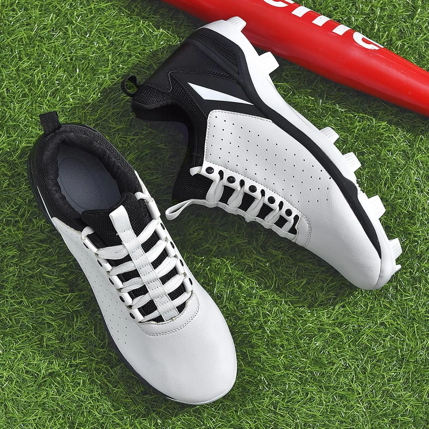 Mens Women Turf Shoes Baseball Lightweight Non-Slip Breathable With 13 Fixed Anti-skid Nail Professional Unisex Adult Softball Shoes Outdoor Trainers ( Color : White black , Size : 8 Women/6.5 Men )