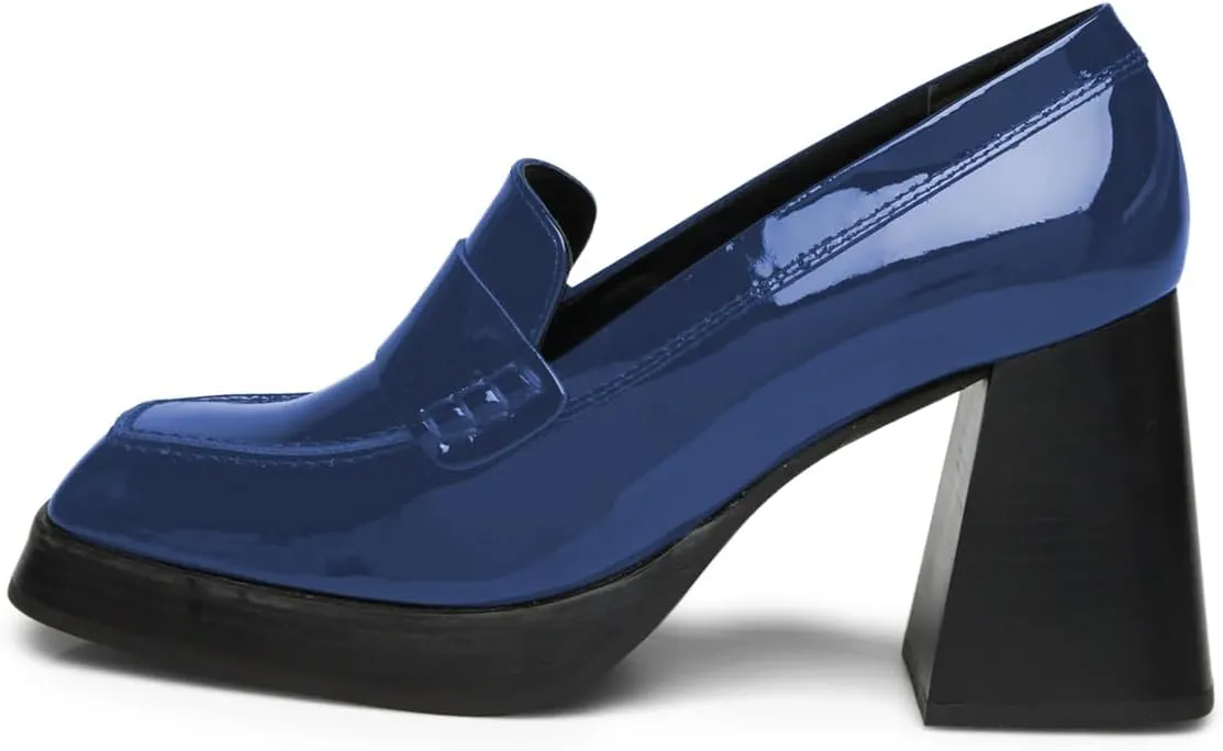 Milooey shoes Women's Platform Square Toe Penny Loafers Chunky Block High Heels Slip on Office Daily Work Dressy Stable Shoes Size 4-16 Us