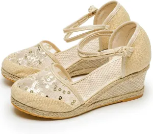 Platform Espadrilles for Women,Closed Toe Sandals Women Dressy,Women's Ankle Strap Closed Toe Espadrille Wedge Heels Sandals