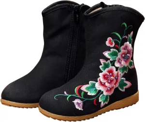 Qhome Little Girl Peony Embroidery Sports Fashion Autumn Winter Ankle Boots Canvas Shoes