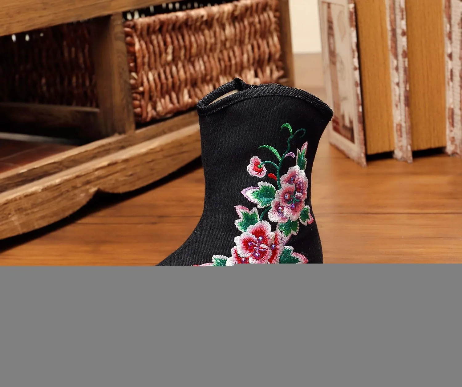 Qhome Little Girl Peony Embroidery Sports Fashion Autumn Winter Ankle Boots Canvas Shoes