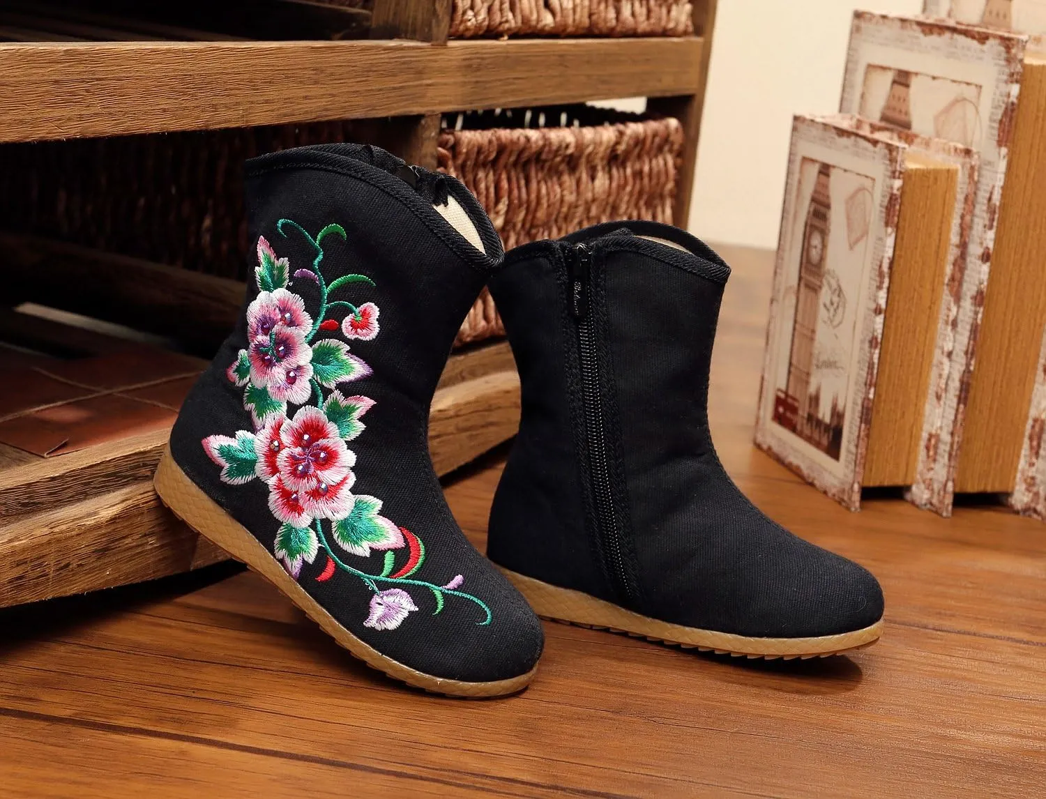 Qhome Little Girl Peony Embroidery Sports Fashion Autumn Winter Ankle Boots Canvas Shoes