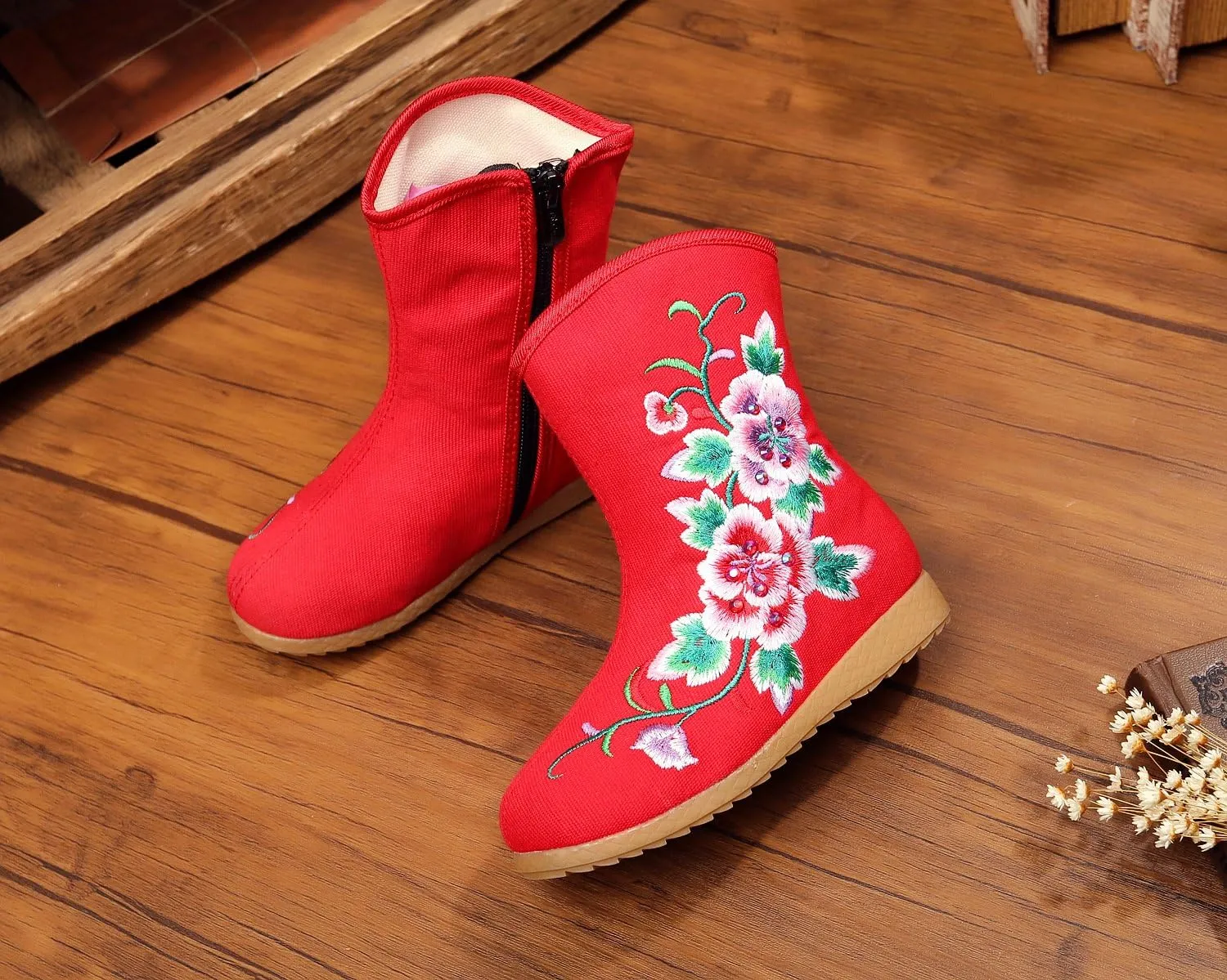 Qhome Little Girl Peony Embroidery Sports Fashion Autumn Winter Ankle Boots Canvas Shoes