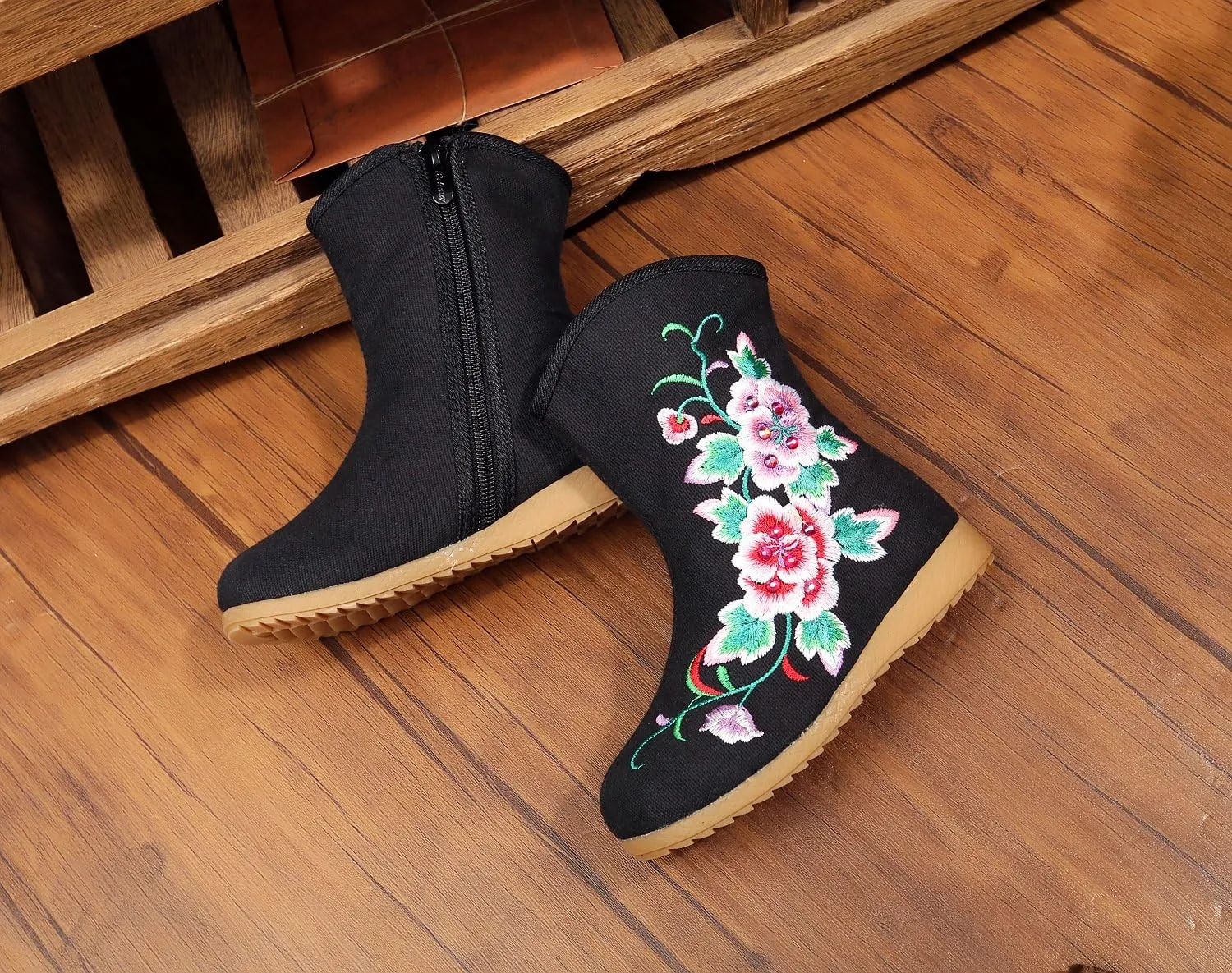 Qhome Little Girl Peony Embroidery Sports Fashion Autumn Winter Ankle Boots Canvas Shoes