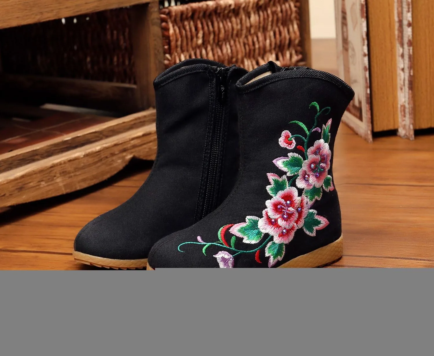 Qhome Little Girl Peony Embroidery Sports Fashion Autumn Winter Ankle Boots Canvas Shoes