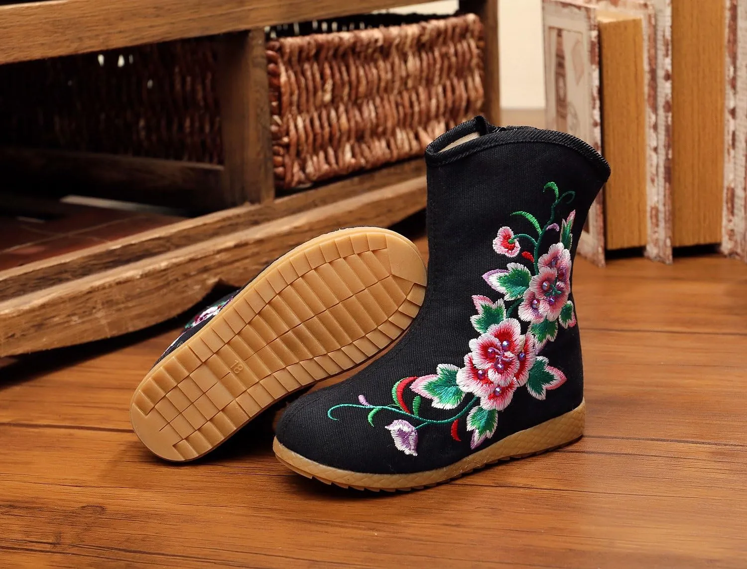 Qhome Little Girl Peony Embroidery Sports Fashion Autumn Winter Ankle Boots Canvas Shoes