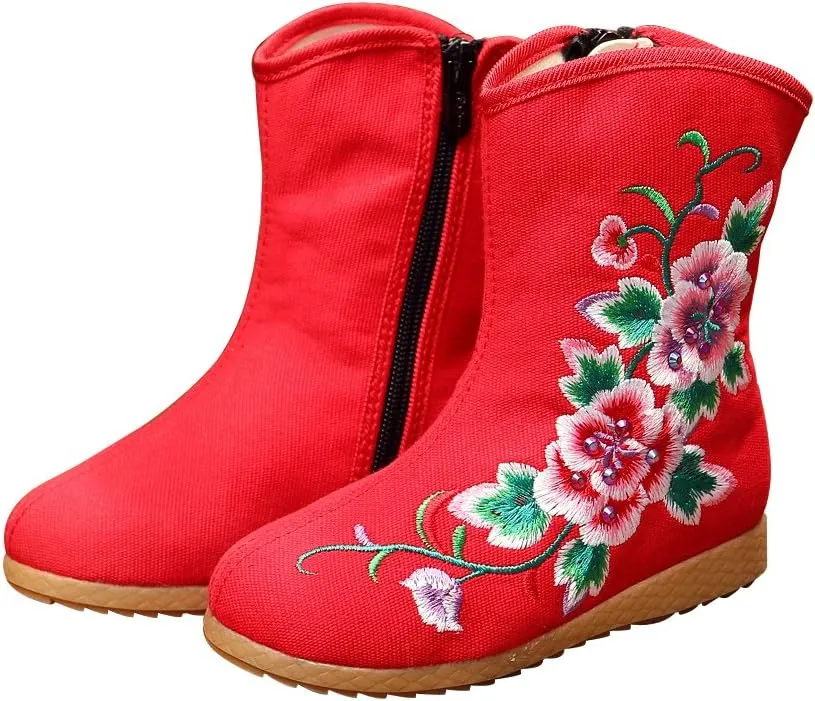 Qhome Little Girl Peony Embroidery Sports Fashion Autumn Winter Ankle Boots Canvas Shoes
