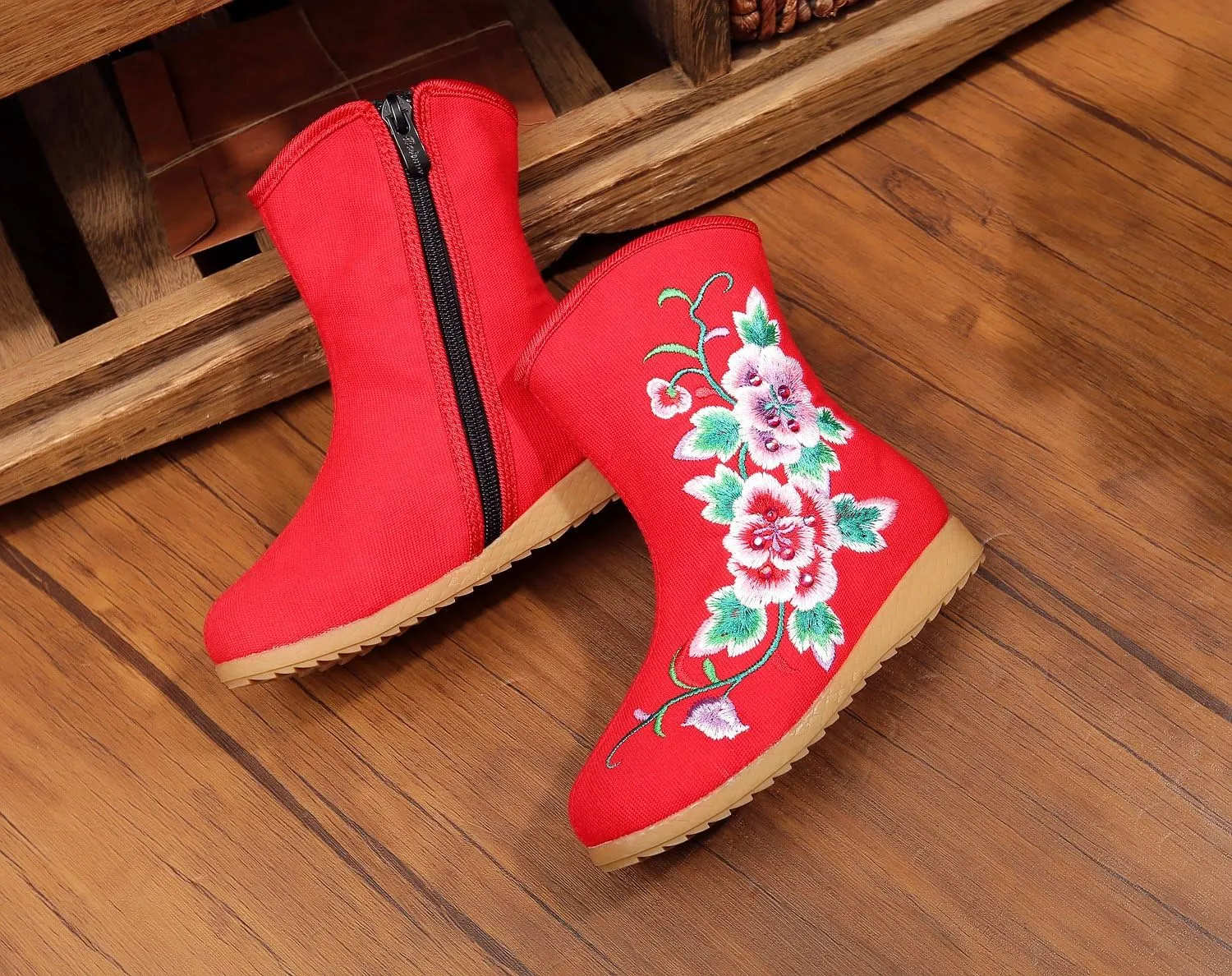 Qhome Little Girl Peony Embroidery Sports Fashion Autumn Winter Ankle Boots Canvas Shoes