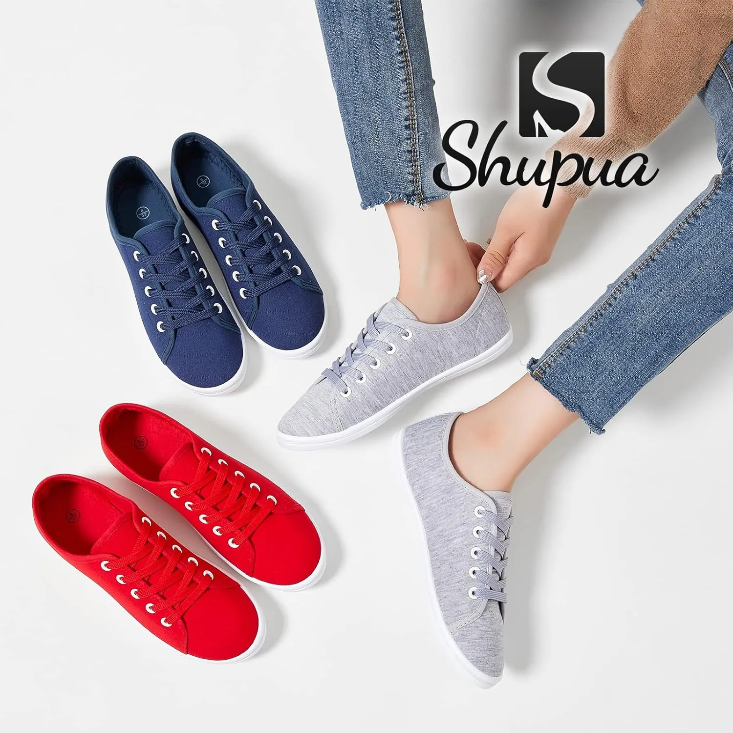 Shupua Women's Casual Canvas Sneakers, White, Lace Up Flats
