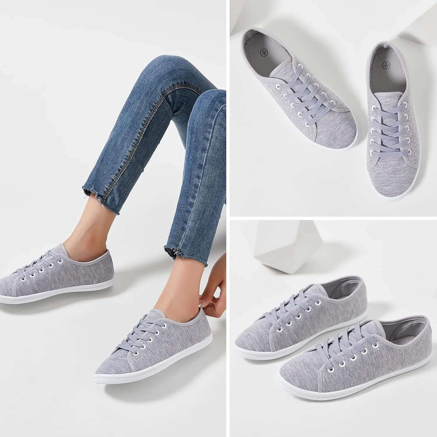 Shupua Women's Casual Canvas Sneakers, White, Lace Up Flats