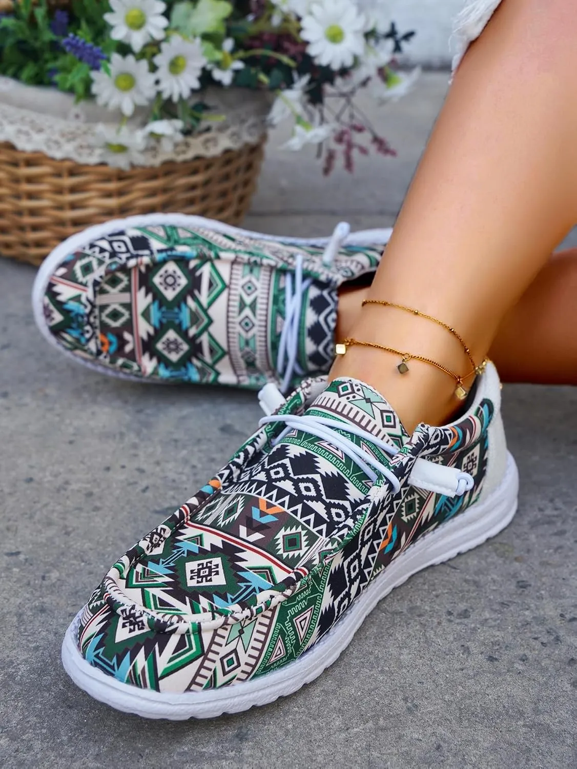 Unisex-Adult Geometric Aztec Loafers Comfortable Boat Shoes Easy Slip On Lightweight Deck Shoes Elastic Laces Outdoor Flat Shoes Breathable Canvas Shoes Sneakers for Men Women, Green
