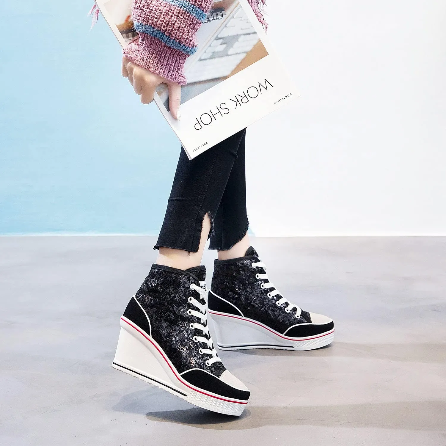 Women's Canvas Casual Shoes Dating Platform Slip-On High Top Sneakers Rubber Sole Wedge High Top Fashion Sneakers