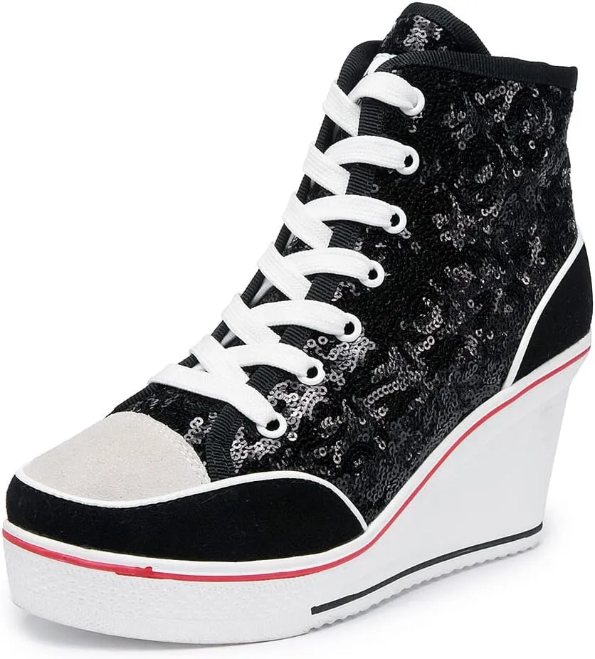 Women's Canvas Casual Shoes Dating Platform Slip-On High Top Sneakers Rubber Sole Wedge High Top Fashion Sneakers