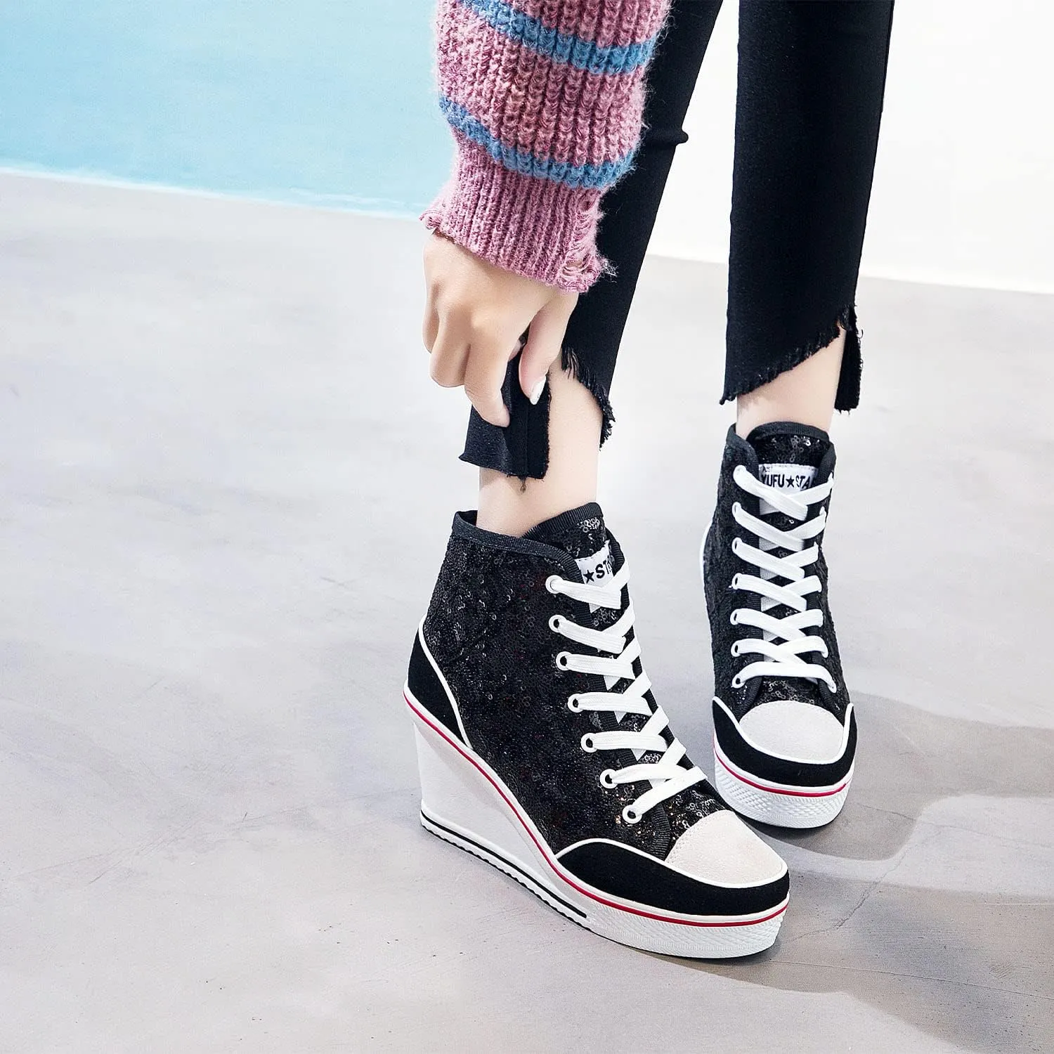 Women's Canvas Casual Shoes Dating Platform Slip-On High Top Sneakers Rubber Sole Wedge High Top Fashion Sneakers