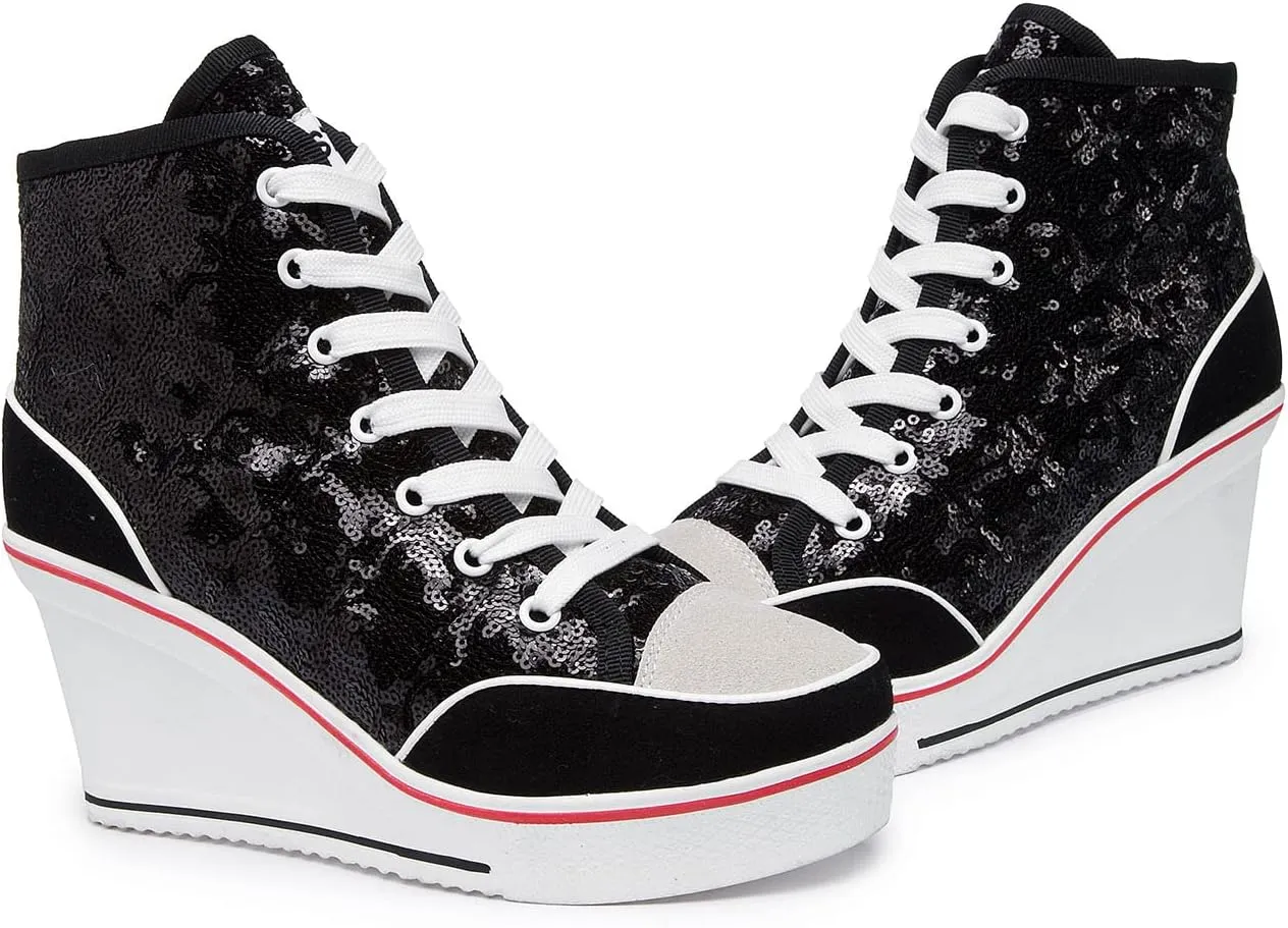 Women's Canvas Casual Shoes Dating Platform Slip-On High Top Sneakers Rubber Sole Wedge High Top Fashion Sneakers