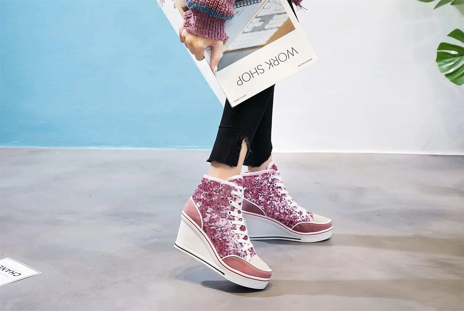 Women's Canvas Casual Shoes Dating Platform Slip-On High Top Sneakers Rubber Sole Wedge High Top Fashion Sneakers