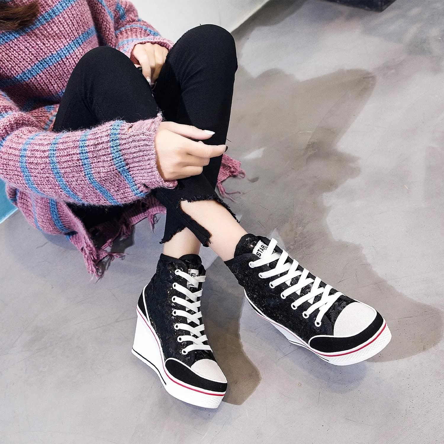 Women's Canvas Casual Shoes Dating Platform Slip-On High Top Sneakers Rubber Sole Wedge High Top Fashion Sneakers