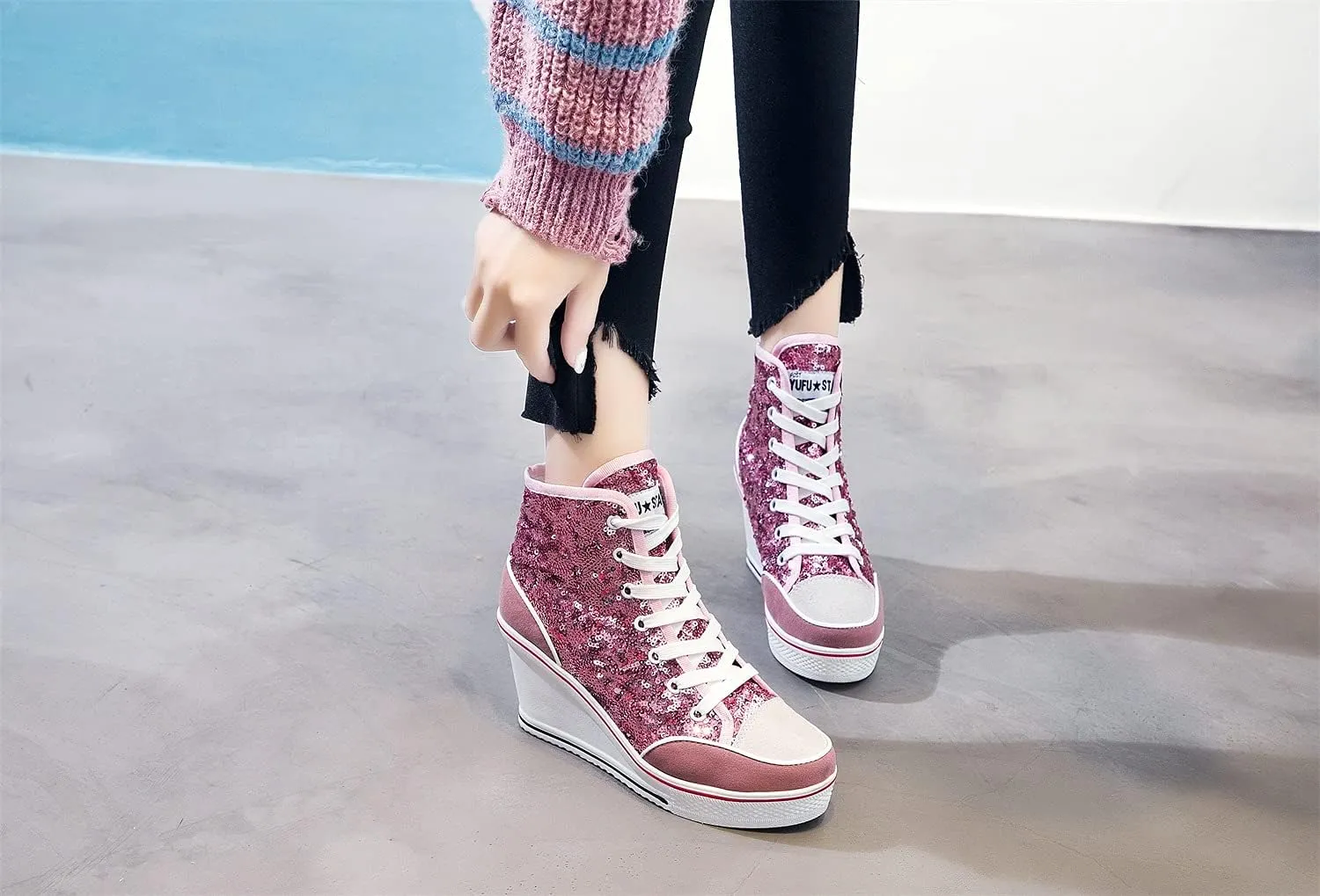 Women's Canvas Casual Shoes Dating Platform Slip-On High Top Sneakers Rubber Sole Wedge High Top Fashion Sneakers