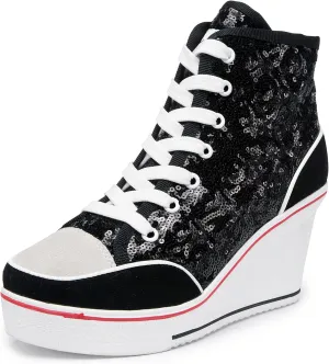 Women's Canvas High-Heeled Bling Shoes Casual Shoes Fashion Sparkling Sneakers for Walking Platform Wedges Pump Shoes
