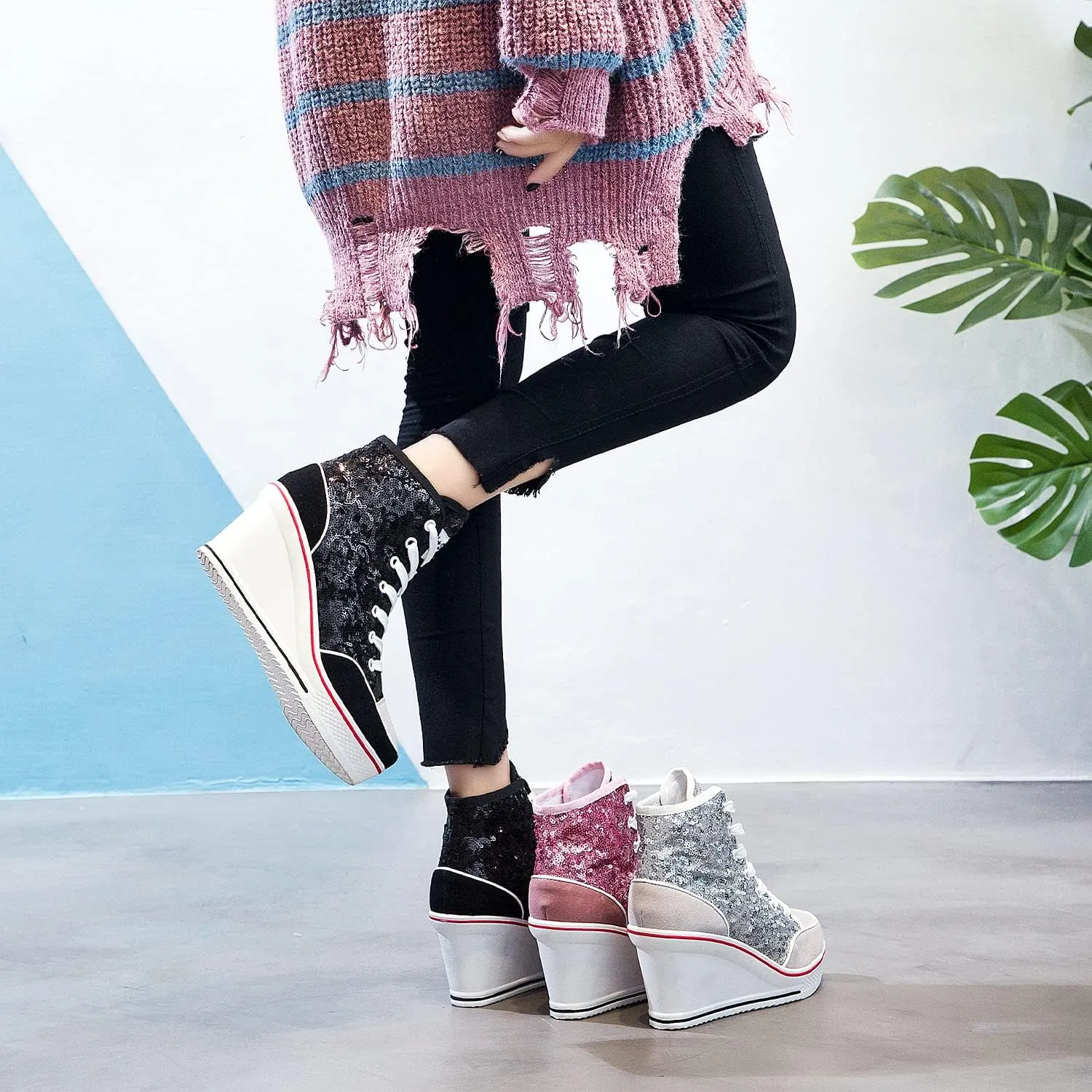 Women's Canvas High-Heeled Bling Shoes Casual Shoes Fashion Sparkling Sneakers for Walking Platform Wedges Pump Shoes
