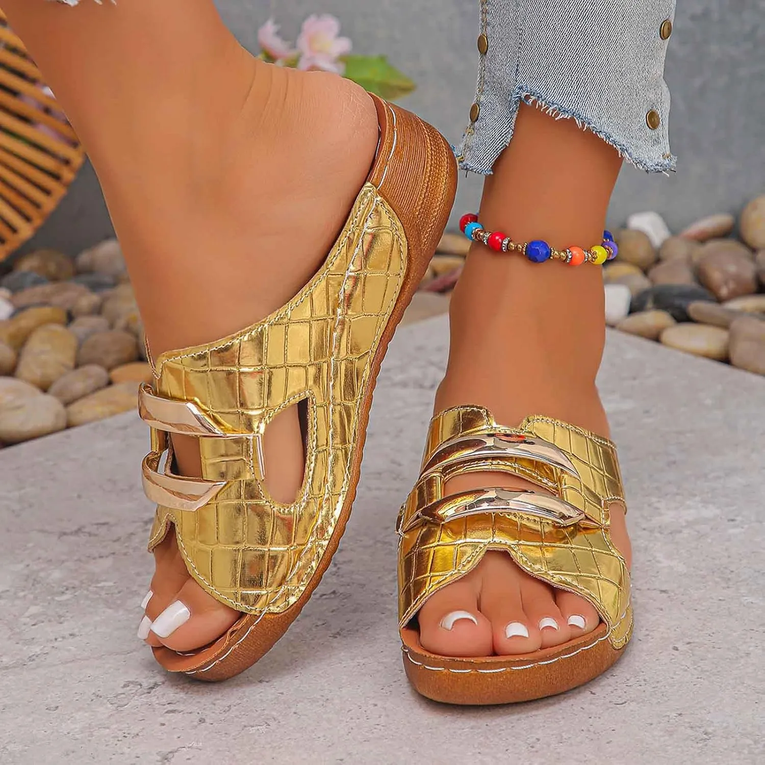 Women's Comfortable Slip On Sandals Open Toe Wedge Heel Lightweight Breathable Shoes For Everyday Wear Spring