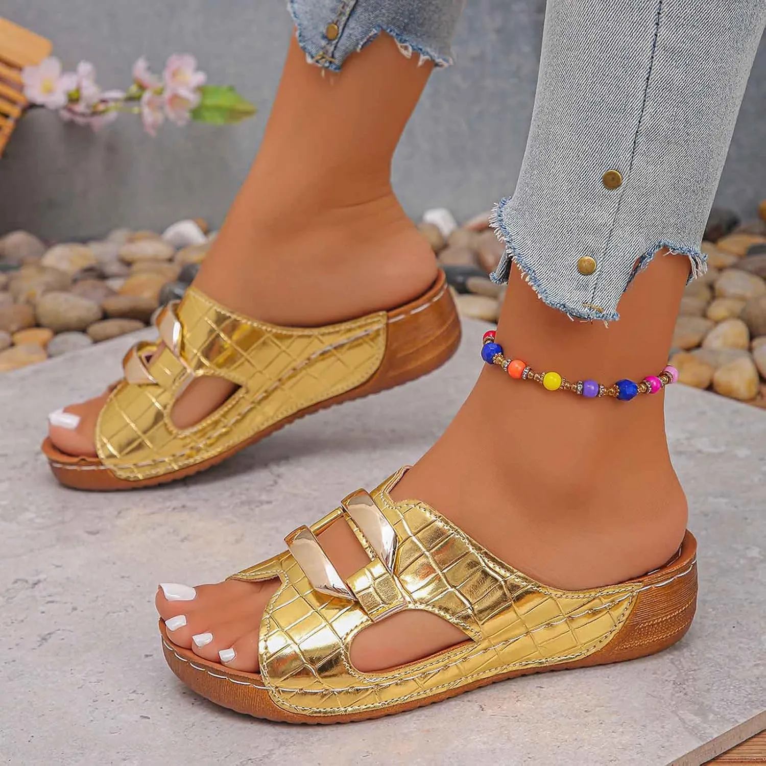 Women's Comfortable Slip On Sandals Open Toe Wedge Heel Lightweight Breathable Shoes For Everyday Wear Spring