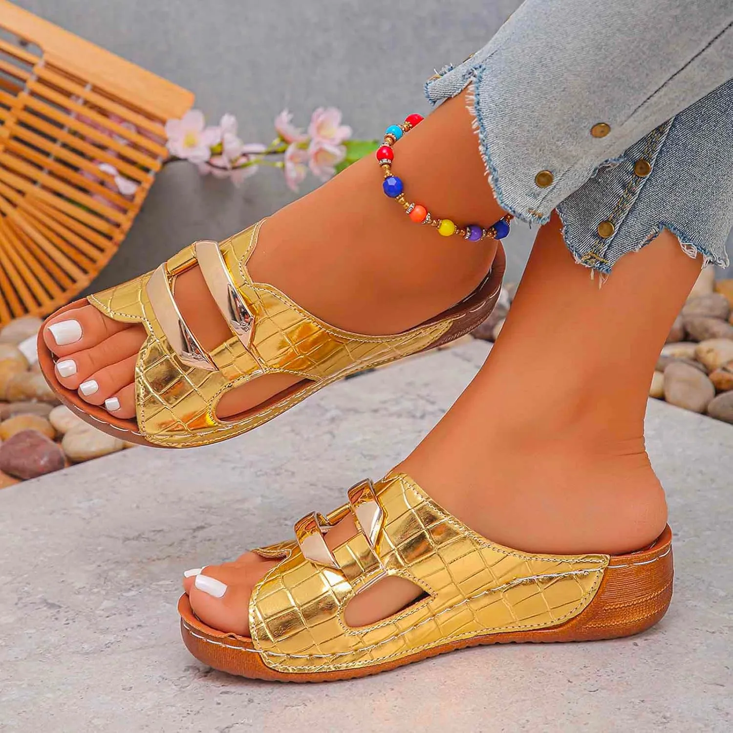 Women's Comfortable Slip On Sandals Open Toe Wedge Heel Lightweight Breathable Shoes For Everyday Wear Spring