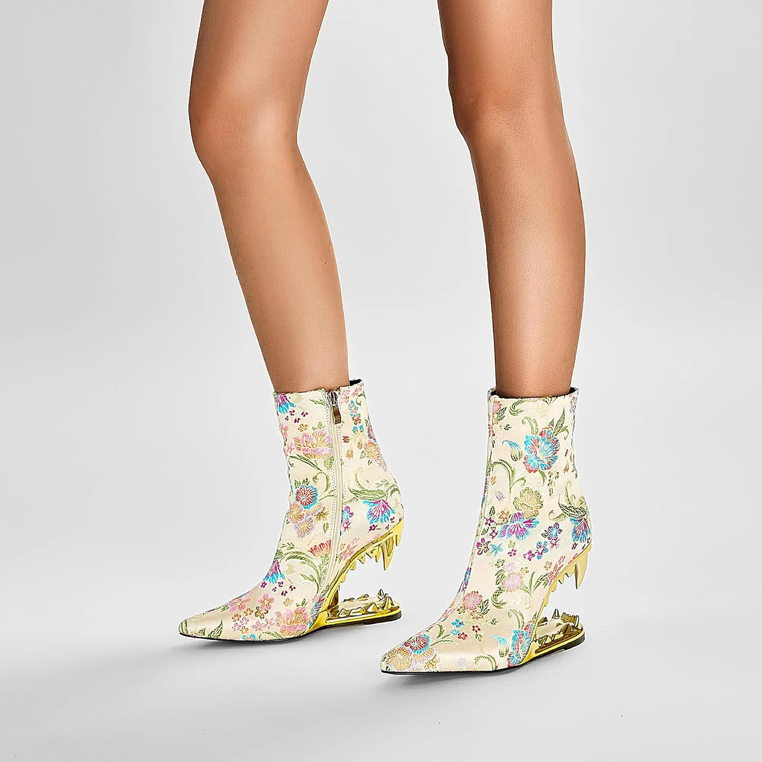 Women's Embroidery Pointed Toe Tiger Tooth Side Zipper Comfortable Fashion Ankle Boots Mid-Calf Sturdy Reliable Shoes Warm Party Bright Close Fall Winter