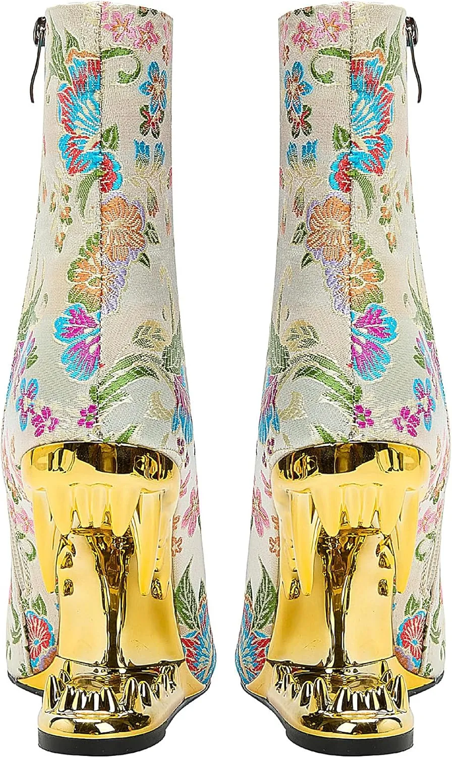 Women's Embroidery Pointed Toe Tiger Tooth Side Zipper Comfortable Fashion Ankle Boots Mid-Calf Sturdy Reliable Shoes Warm Party Bright Close Fall Winter